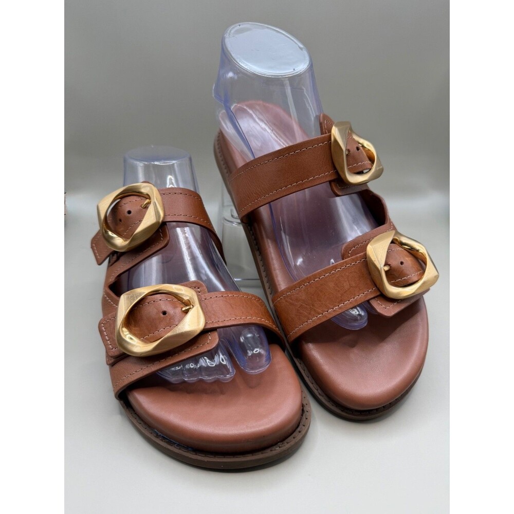 SCHUTZ Olga Sporty Womens Round Toe Gold Buckle Brown Leather Flat Sandals Sz 10